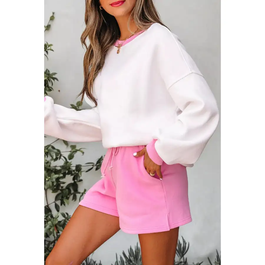 Block Sweatshirt and Elastic Waist Shorts Set