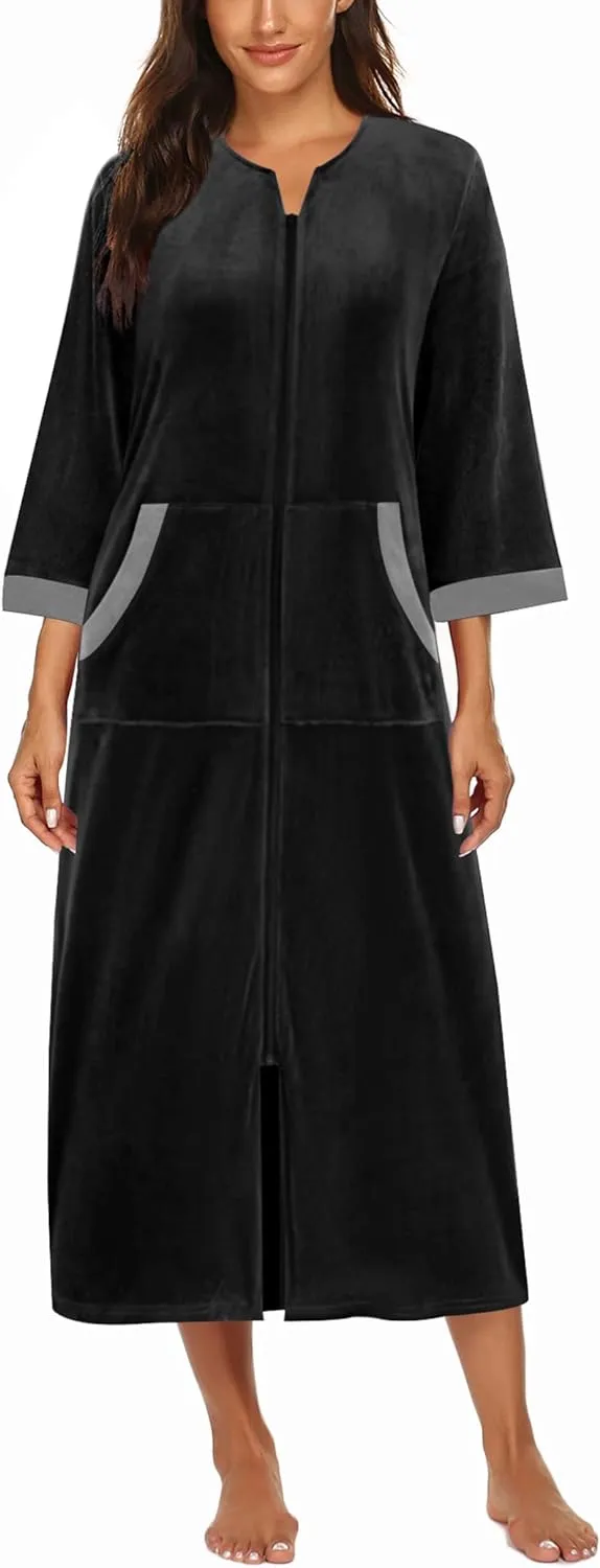 50% OFF Women Zipper Robe 3/4 Sleeves Loungewear Dress Full Length Sleepwear Pockets Housecoat Nightgown Long Bathrobe