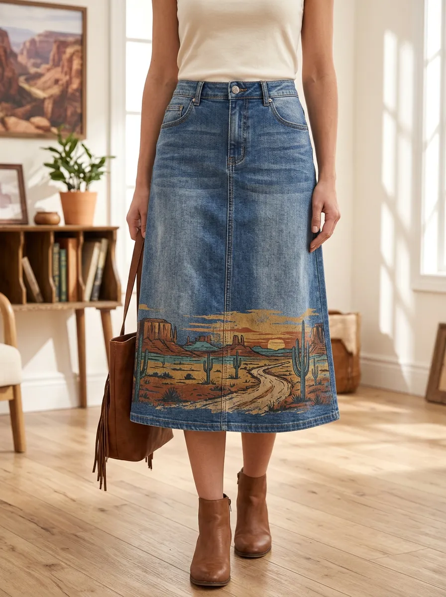 Women's Desert Print Denim Midi Skirt