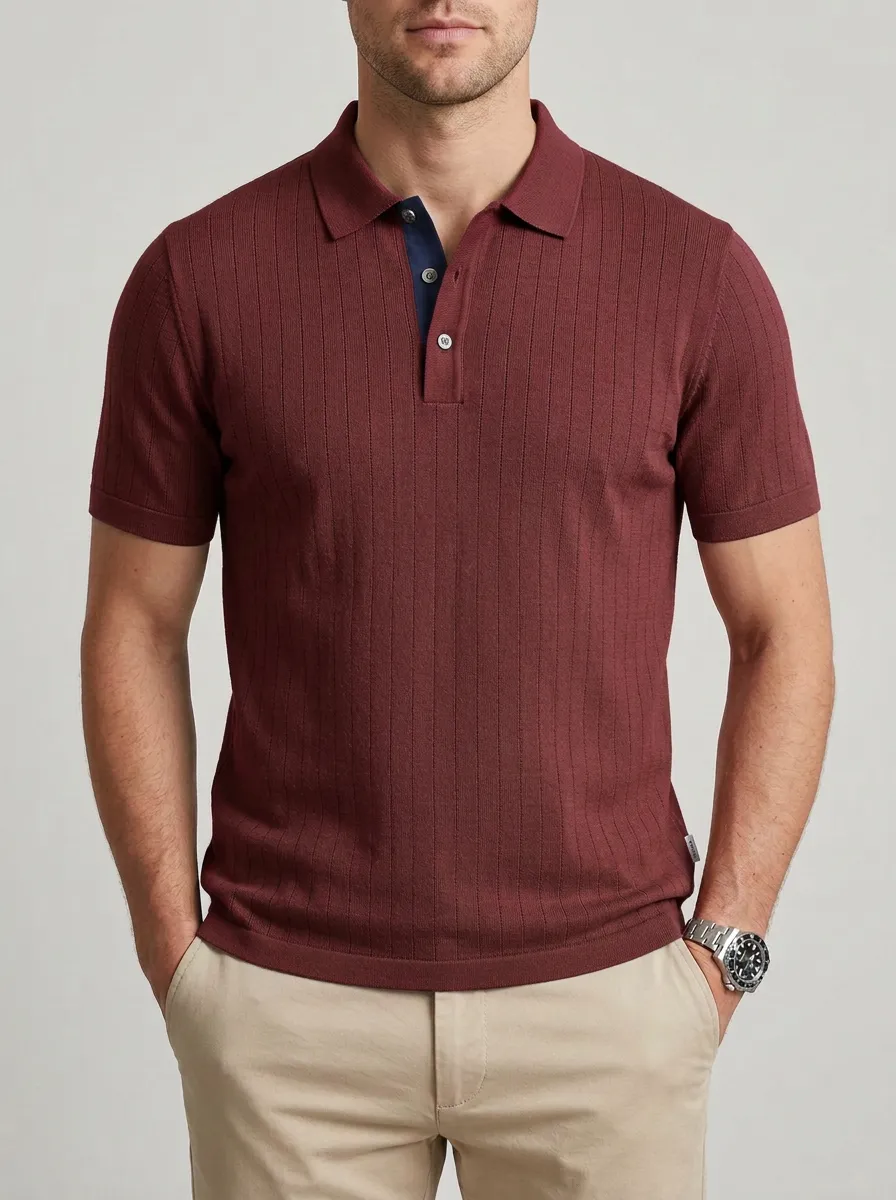 Men's Sage Green Ribbed Knit Contrast Placket Polo Shirt