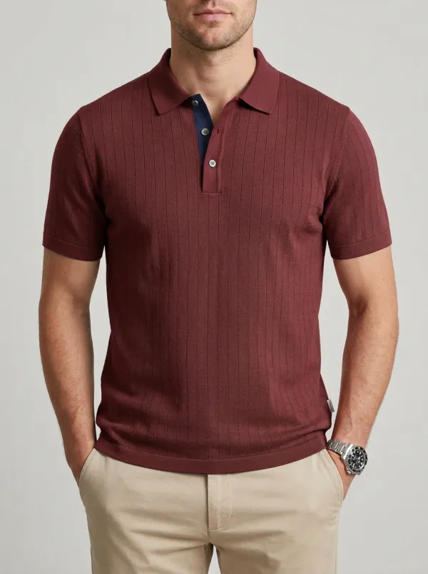 Men's Sage Green Ribbed Knit Contrast Placket Polo Shirt