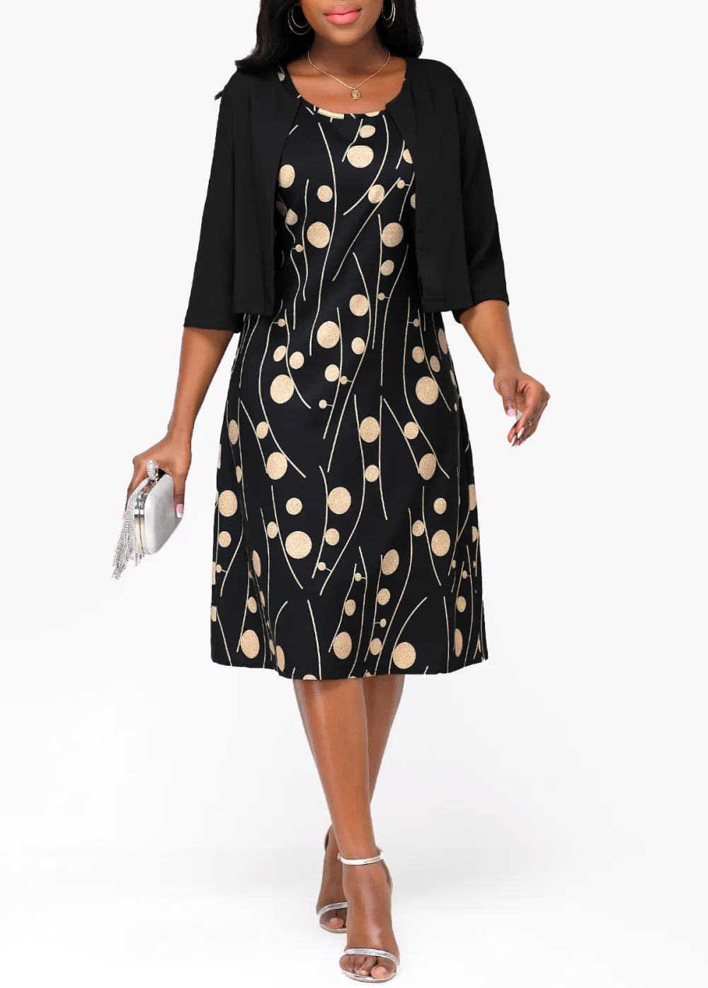 Open Front Black Shawl and Round Neck Dress