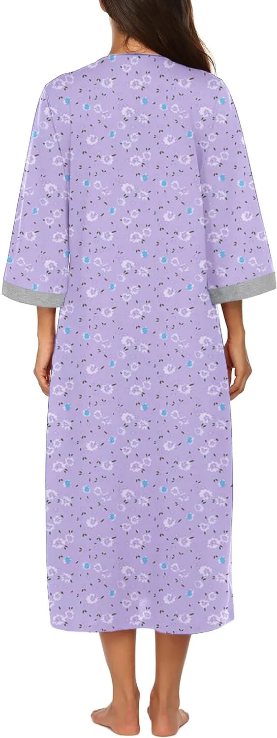 50% OFF Women Zipper Robe 3/4 Sleeves Loungewear Dress Full Length Sleepwear Pockets Housecoat Nightgown Long Bathrobe