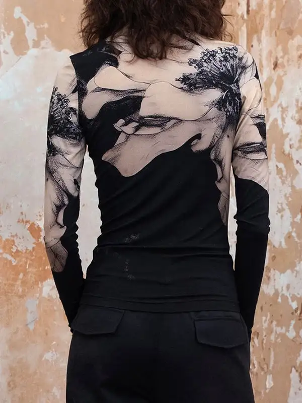 Long Sleeve Slim Fit Floral Print Mock Neck T-Shirt
