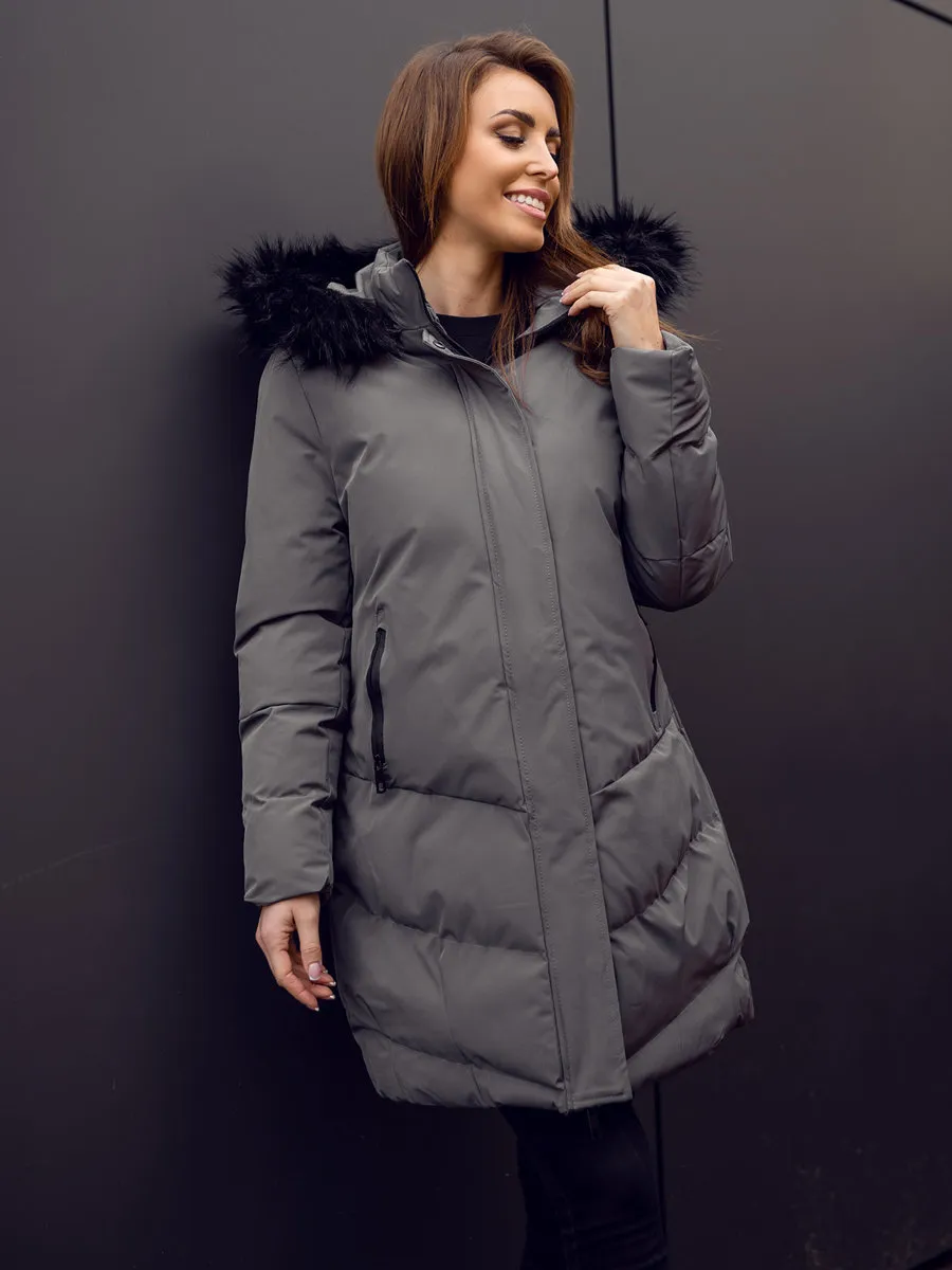Women's Graphite Quilted Winter Jacket With Hood