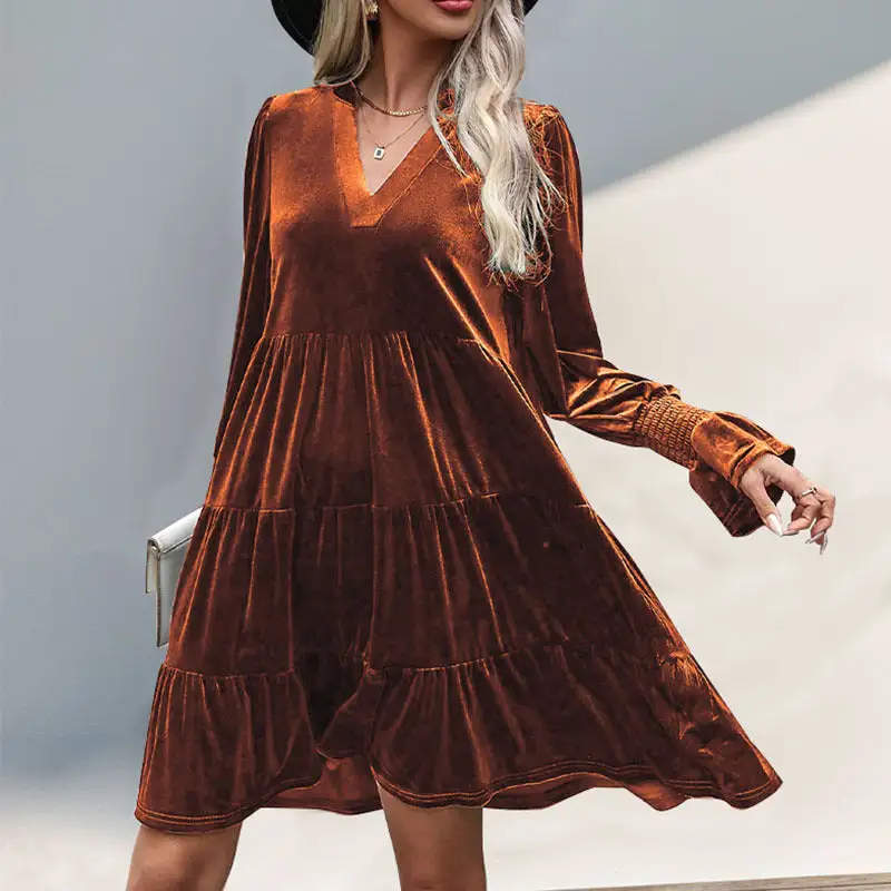 Women's V-Neck Puff-Sleeve Ruffled Dress