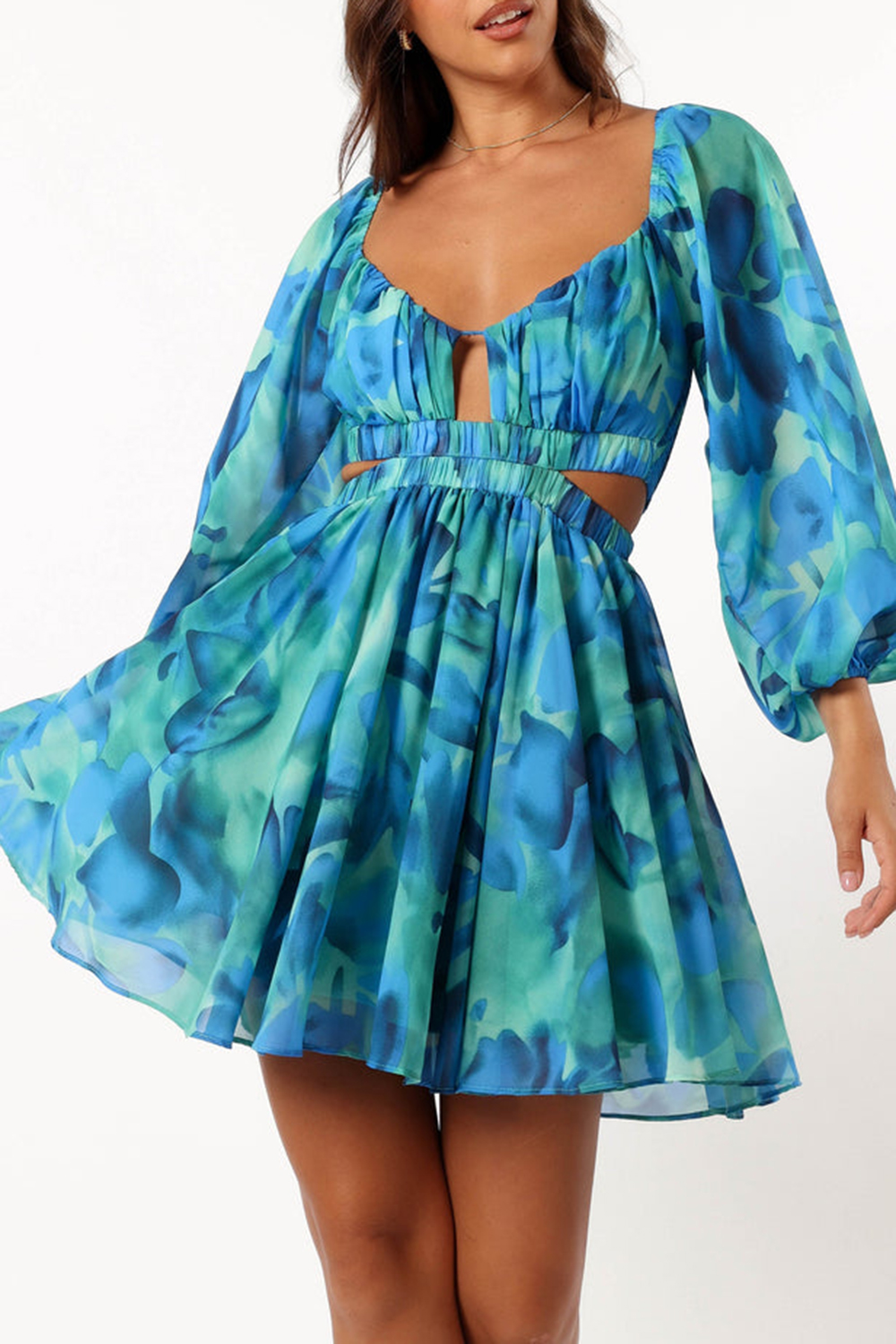 BLUE FLORAL LONG SLEEVE MINI DRESS