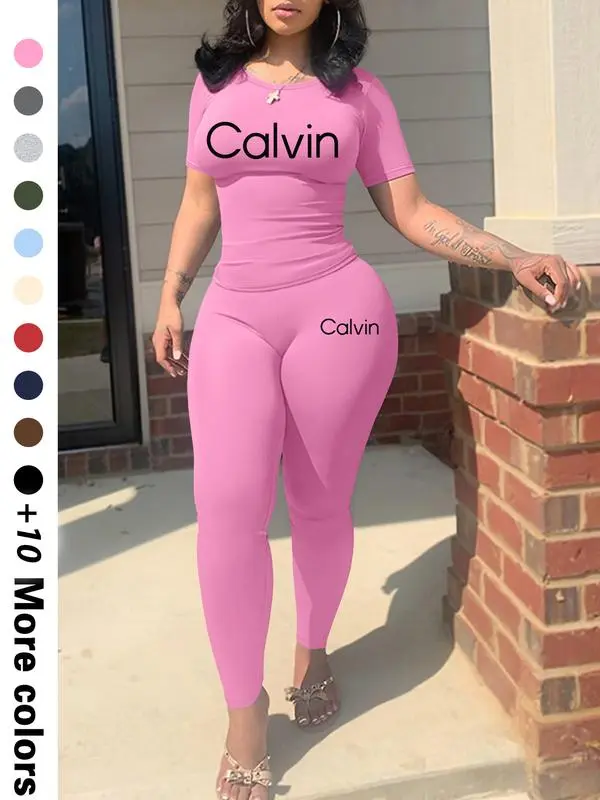 Calvin Letter Printing Women’s Casual Two-Piece Set Trendy Crop Top & Shorts | Lightweight Fabric | Effortless Summer Comfort