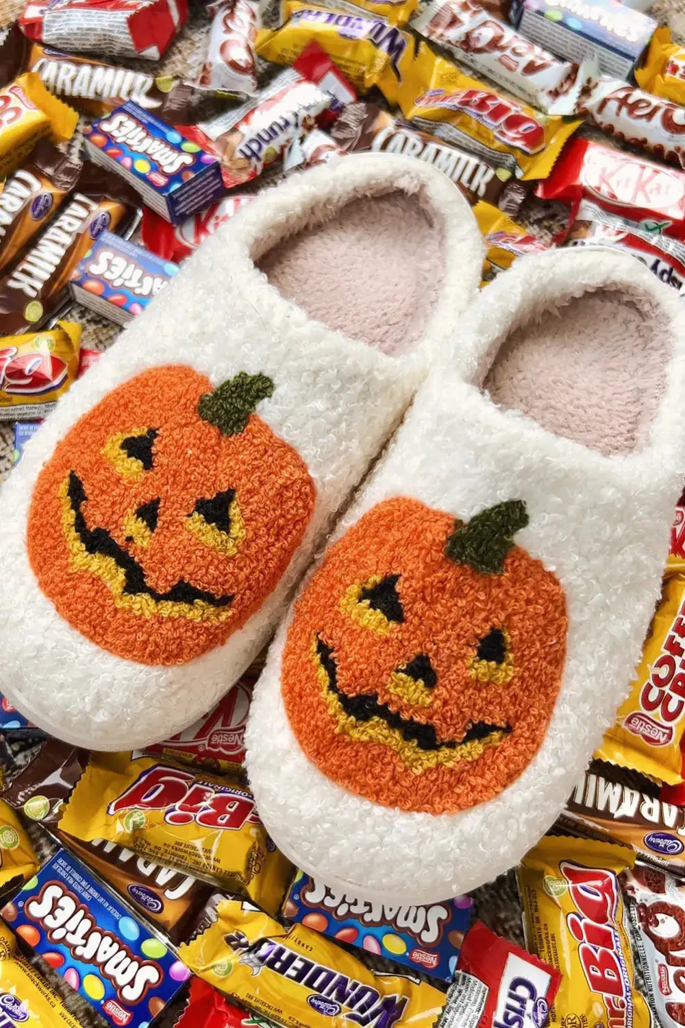 Pumpkin Print Plush House Slippers