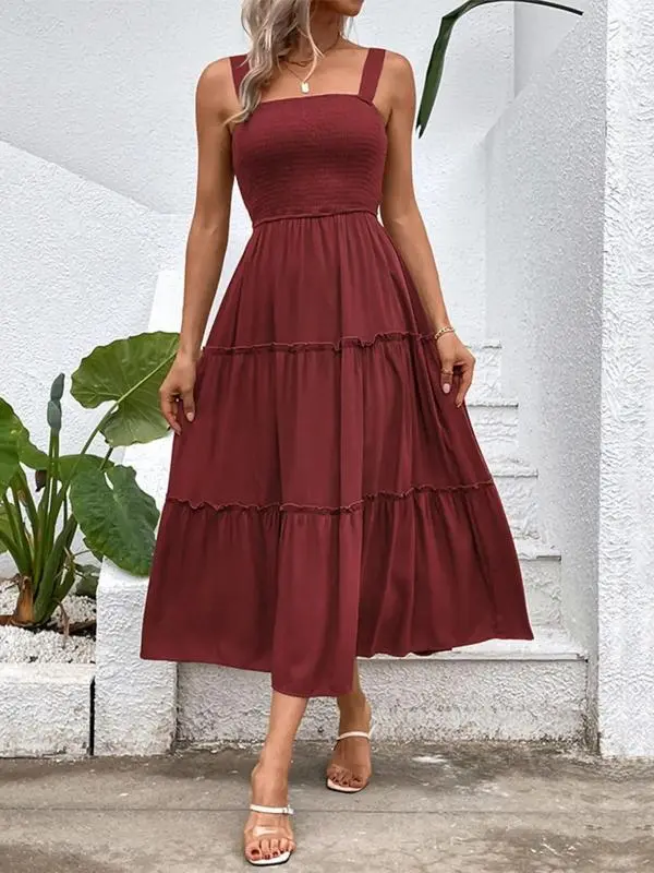 Women'S Frill Trim Ruffle Hem Shirred Backless Sundress Cami Dress, Sleeveless A Line Long Dress, Women'S Clothing For Summer Beach Holiday, Boho Clothes Women, Vintage Girly Clothes,