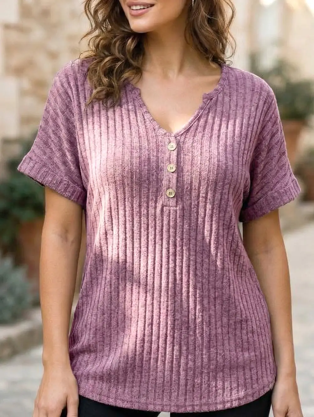 V Neck Button Front Loose Ribbed Tee