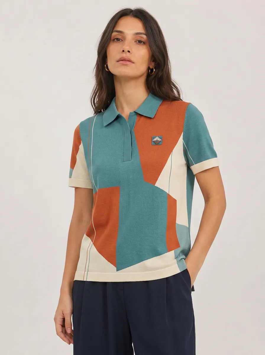 Women's Geometric Colorblock Pattern Ribbed-Cuff Polo Shirt