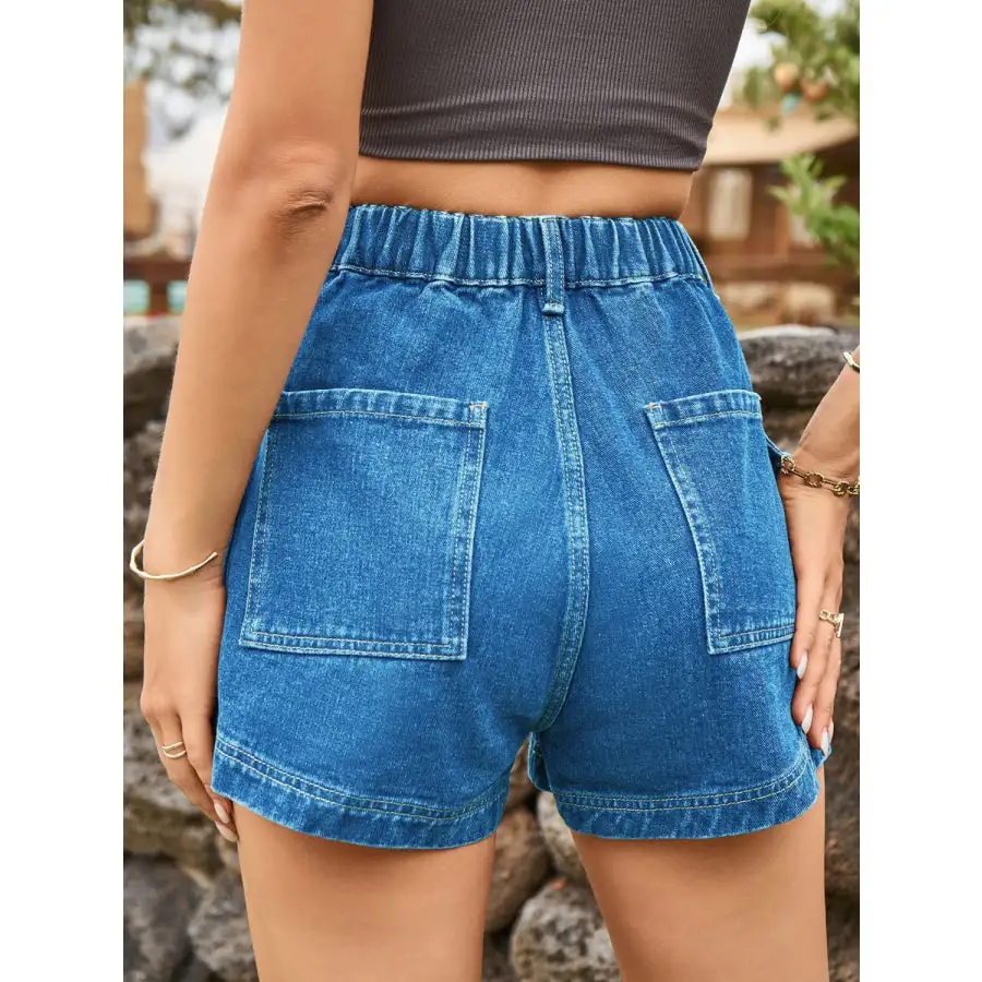 Textured High Waist Denim Shorts with Pockets