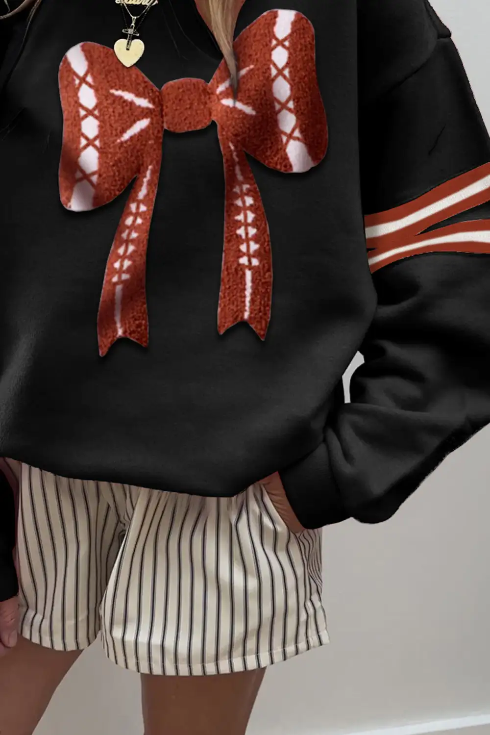 Relaxed Striped Bow Accent Graphic Sweatshirt