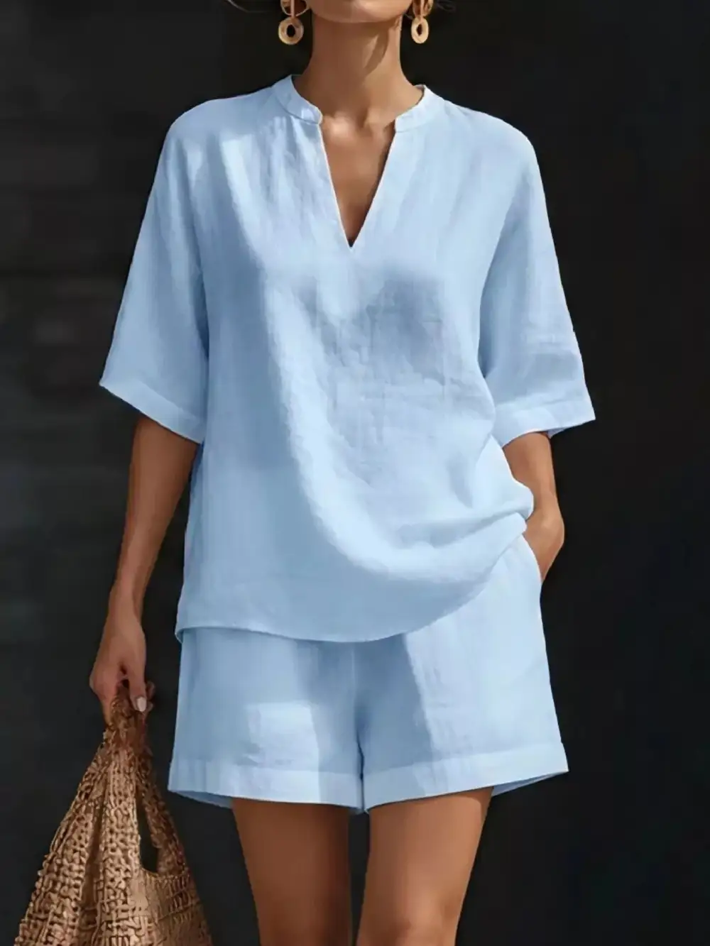 Notched Half Sleeve Top and Shorts Set