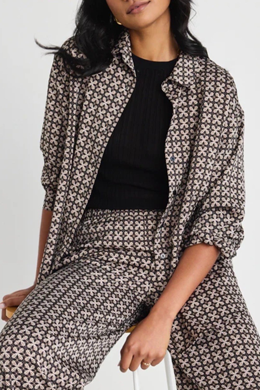 Black Geo Print Satin Oversized Shirt