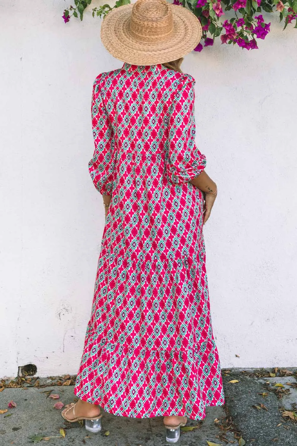 Maxi Bohemian Geometry Print Puff Sleeve Dress