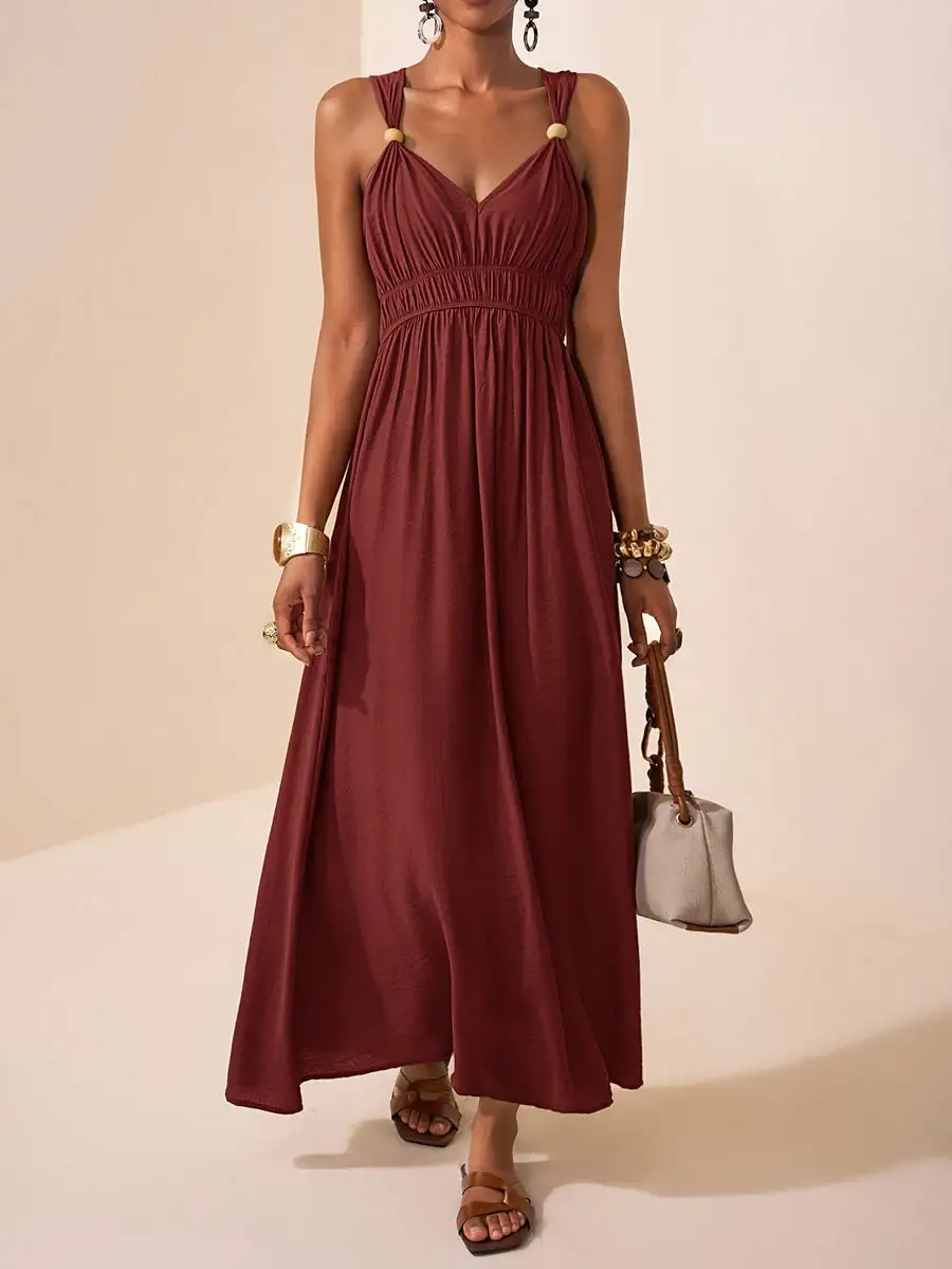 Spaghetti Pleated Neck Maxi Dress