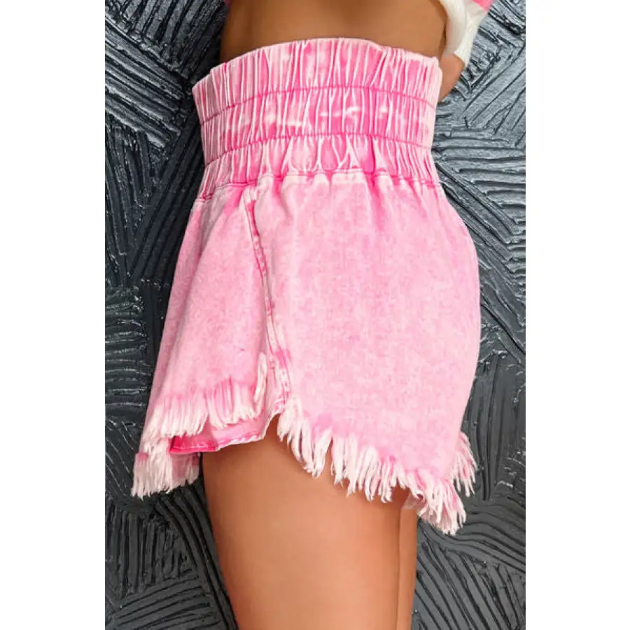 Washed Wide Smocked Waistband Frayed Denim Shorts