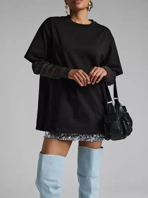 Layered Look Relaxed Sheer Panel Detail Sun Protection Round Neck T-Shirt