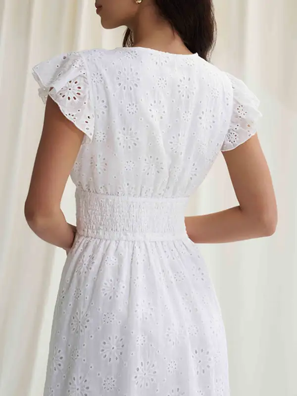 A Line Relaxed Elasticity Hollow Pleated Solid Color V Neck Mini