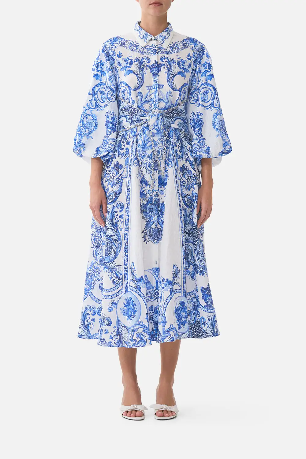 Waist Tie Shirt Dress with Bubble Sleeve