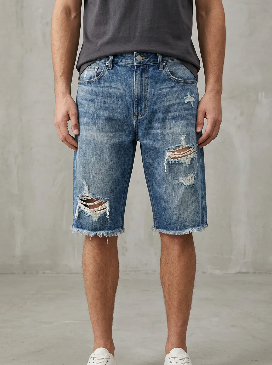 Men's Distressed Raw Hem Street Inspired Distressed Denim Shorts