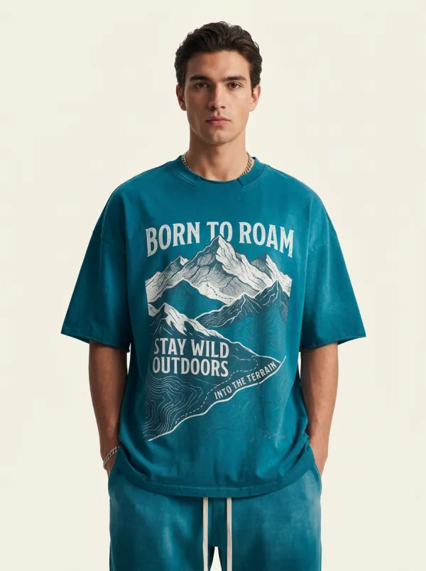 Men's Oversized Wild Ridge Outdoor Adventure Born To Roam Mountain Graphic T-Shirt