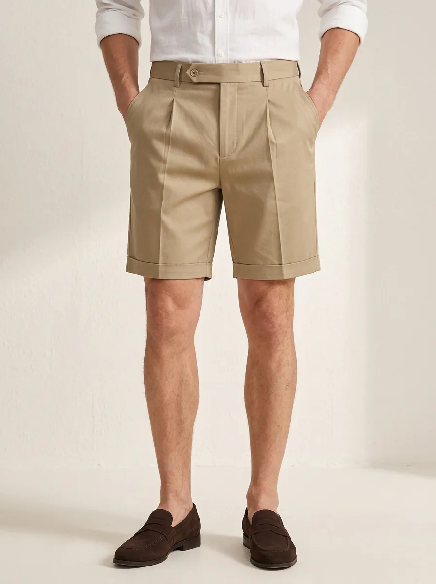 Men's Casual Khaki Pleated Cuffed Chino Shorts