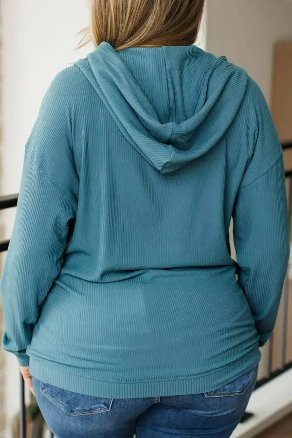 Solid Hooded Ribbed Relaxed Viscose Blend Long Sleeve Top