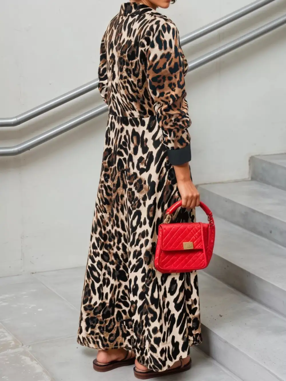 Long Sleeve Printed Colorblock Maxi Dress