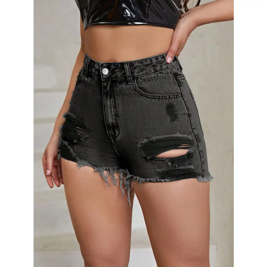 Distressed Raw Hem High Rise Denim Shorts