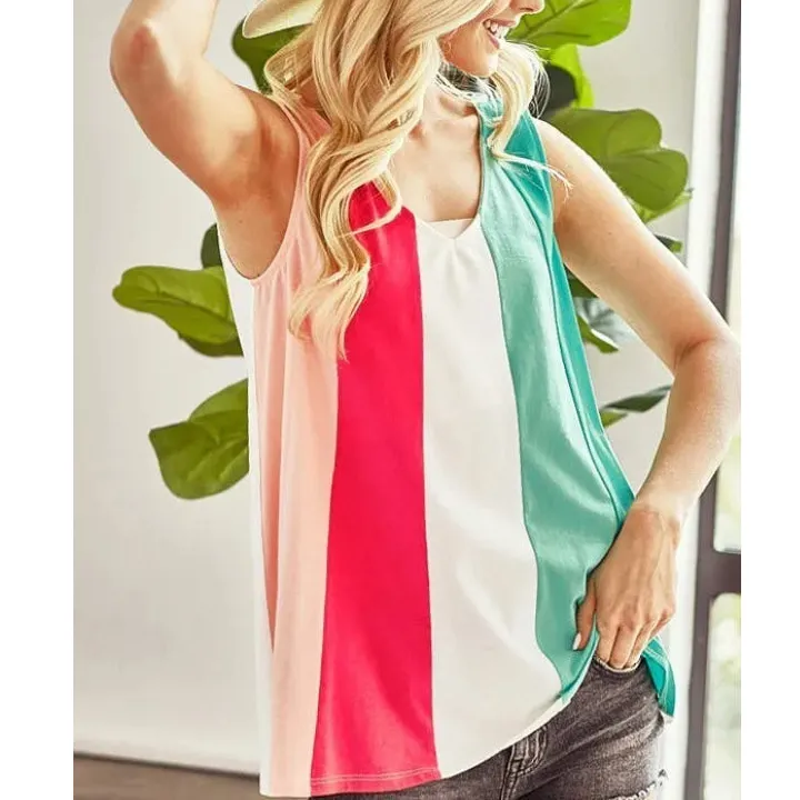 Cotton Span Knit Color Block Sleeveless Top