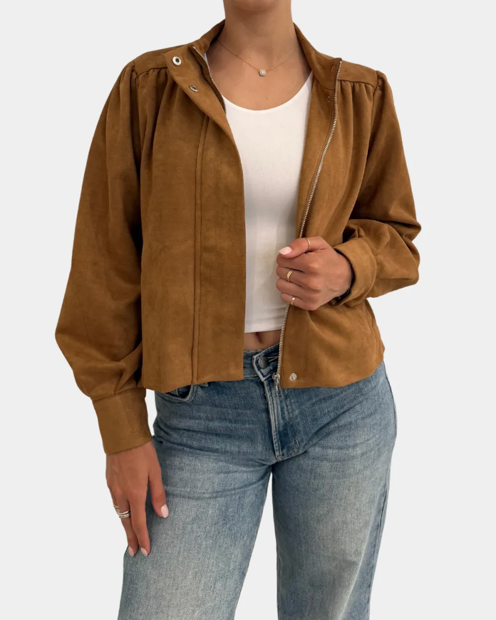 Gathered Suede Zip Front Jacket