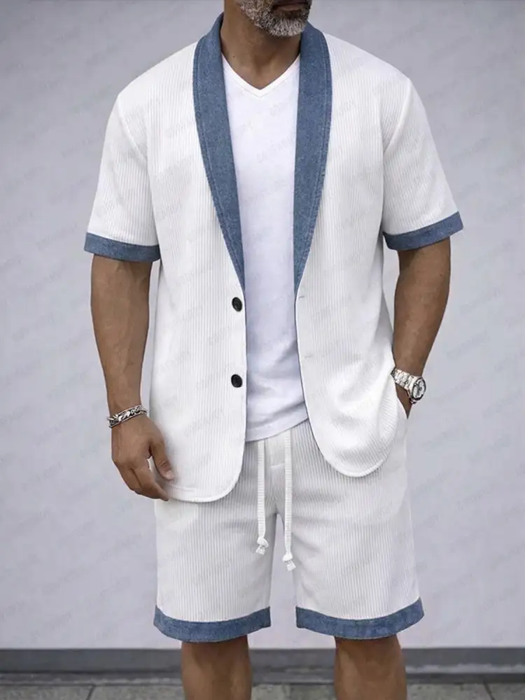 Casual Textured Short Sleeve Blazer Jacket and Shorts Set