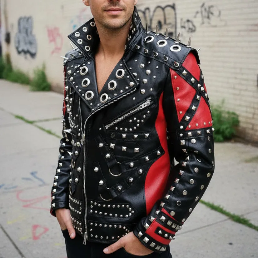 Polished Leather Biker Studded Jacket