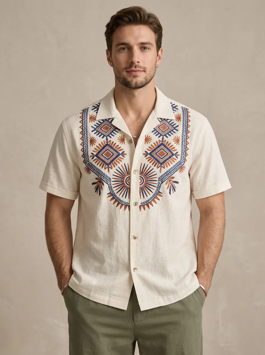 Men's Geometric Boho Embroidered Relaxed Shirt