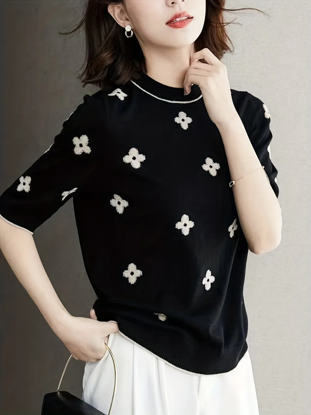 Day Floral Print Knit Sweater Casual Crew