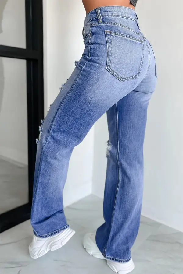 Mid-Rise Distressed Straight Leg Jeans