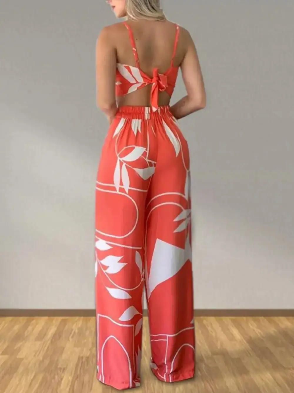 Tropical Print Spaghetti Strap Crop Top and Wide Leg