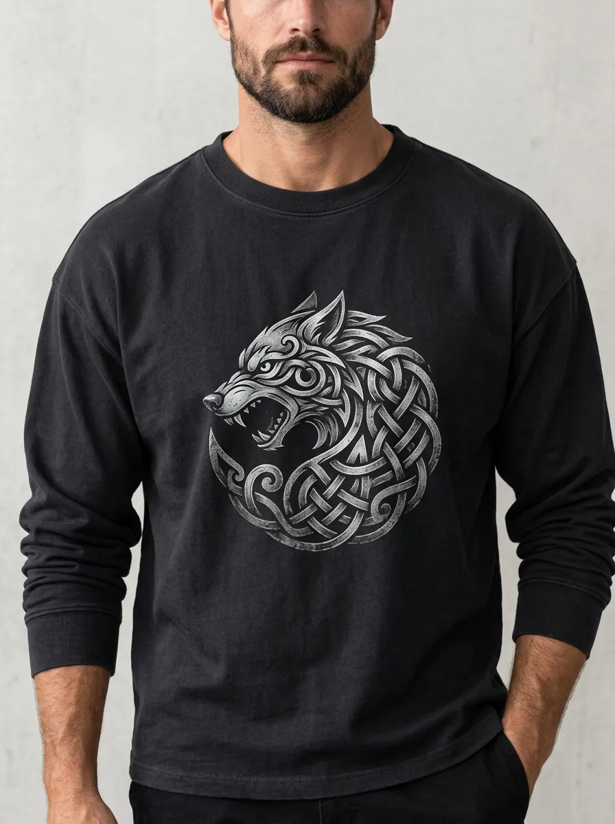 Men's Wolf Drop-Shoulder Crew-Neck Long-Sleeve Chest-Sleeve T-Shirt
