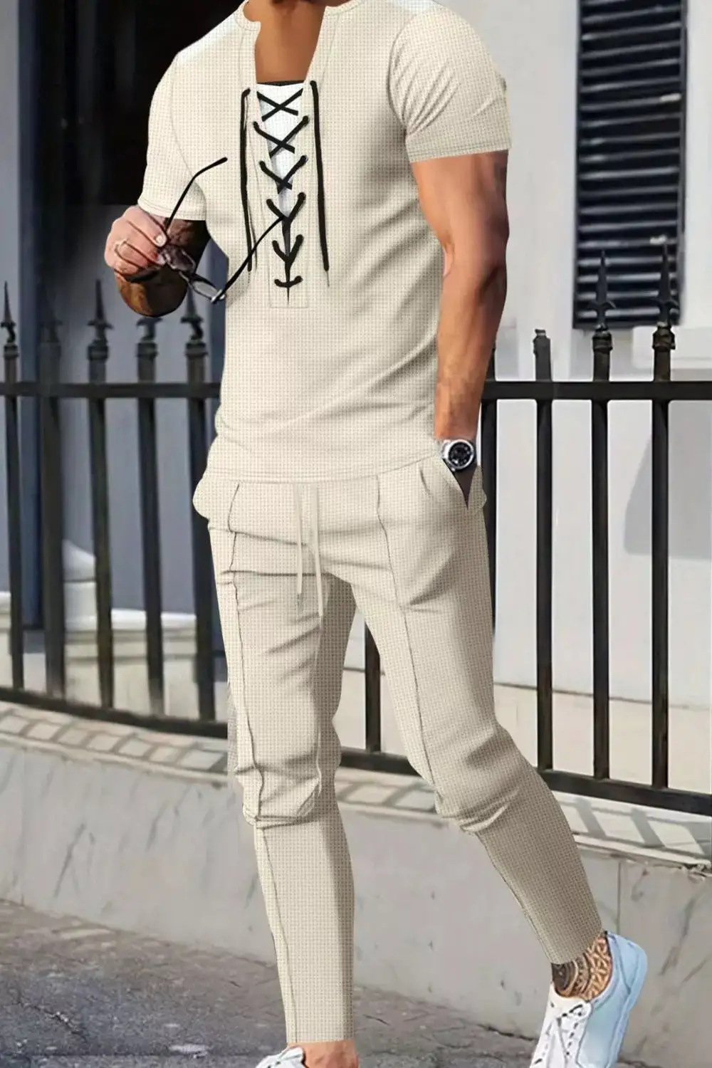 Men's Full Size Lace Up Front Top and Pants Set