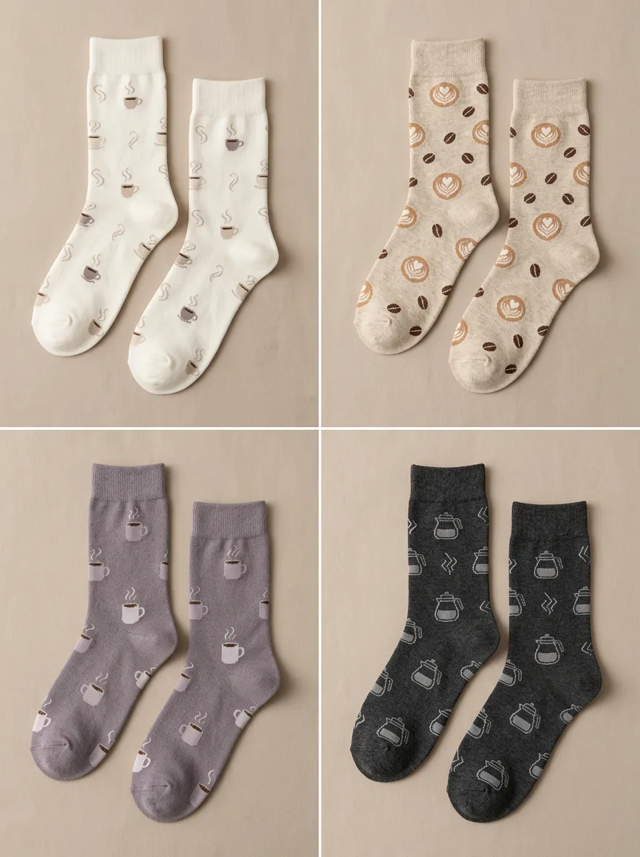 Women's Coffee Jacquard Ribbed Crew Socks Four Pair Set