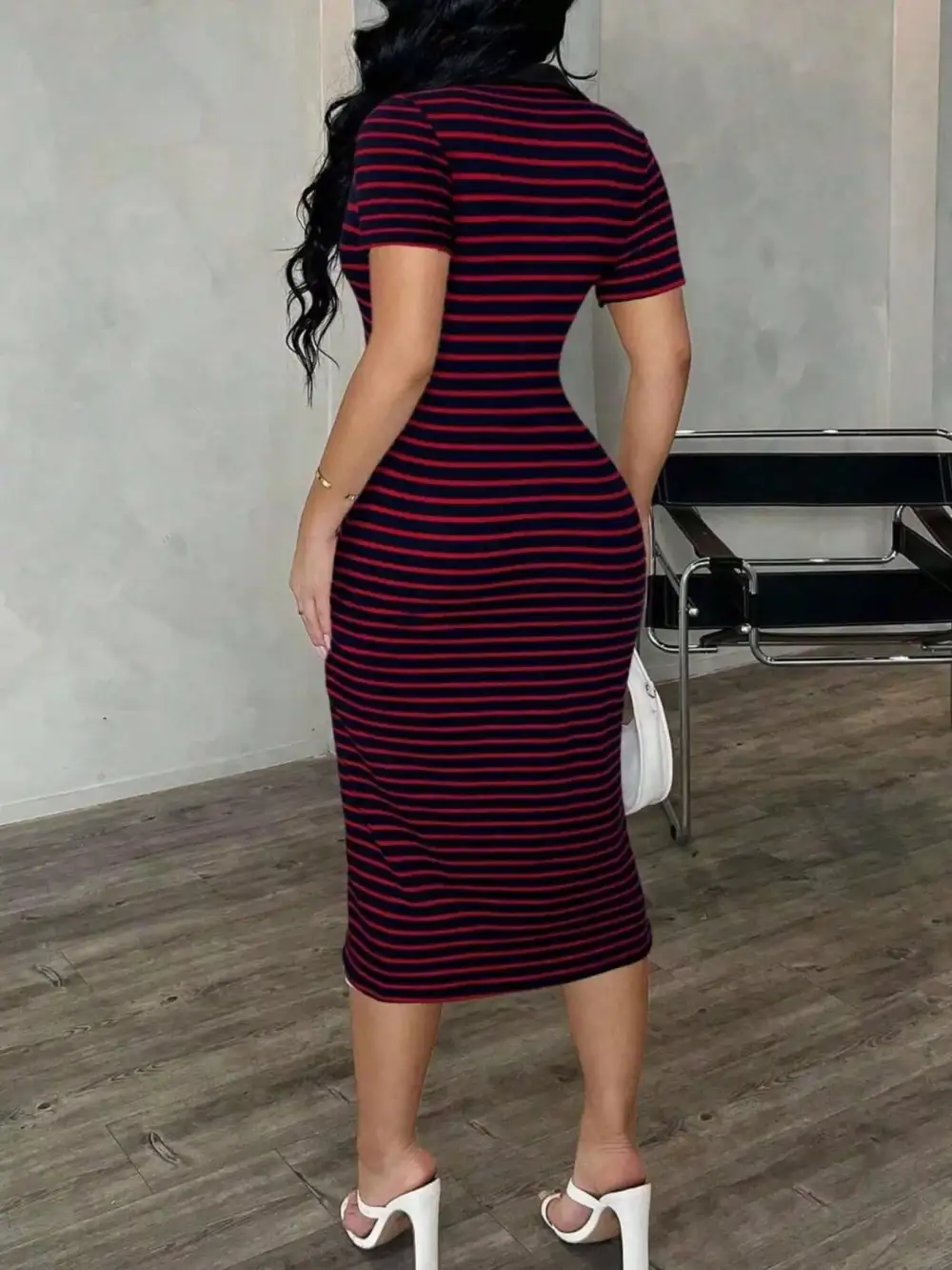 Striped Polo Collar Midi Dress