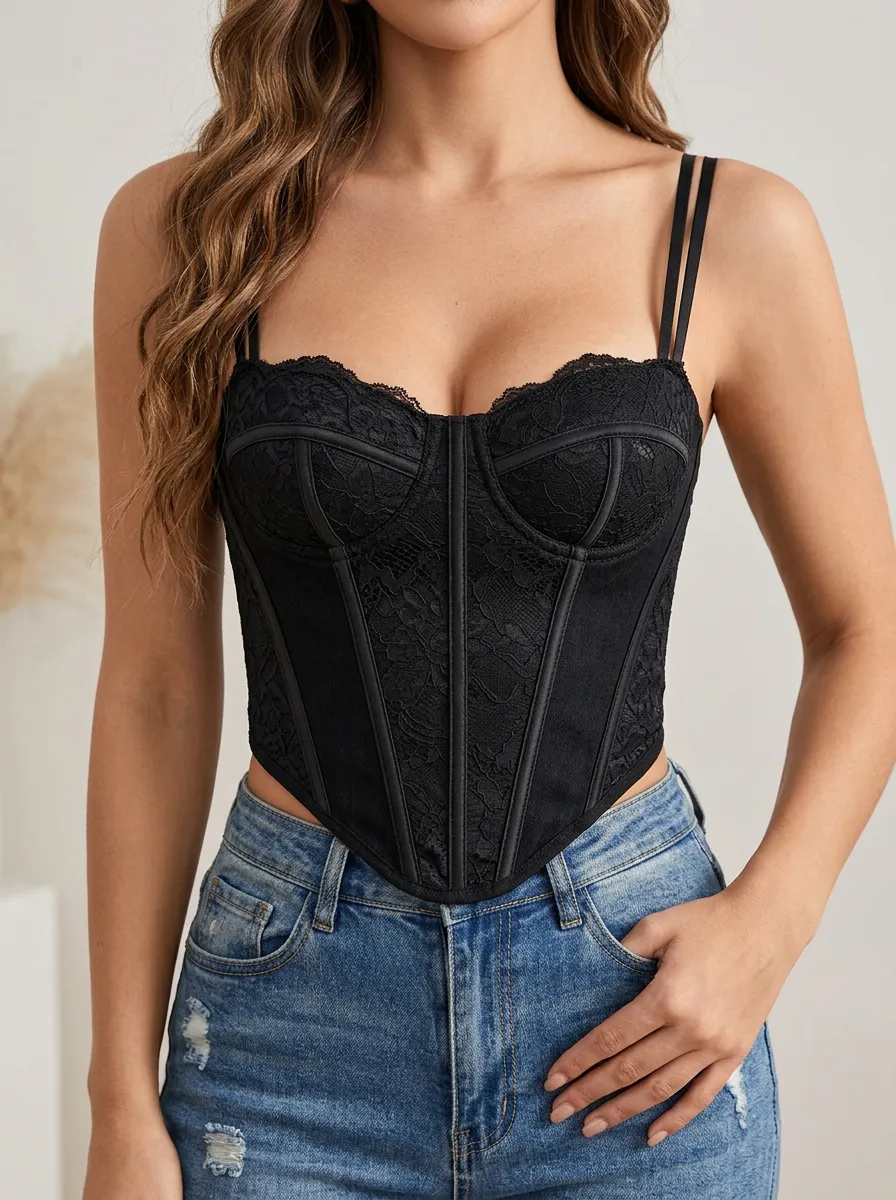 Lace-Trim Lace-Panel Bustier Women's Corset Top