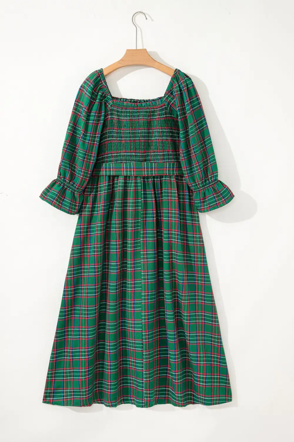 Finish Plaid Square Neck Puff Sleeve Midi Dress