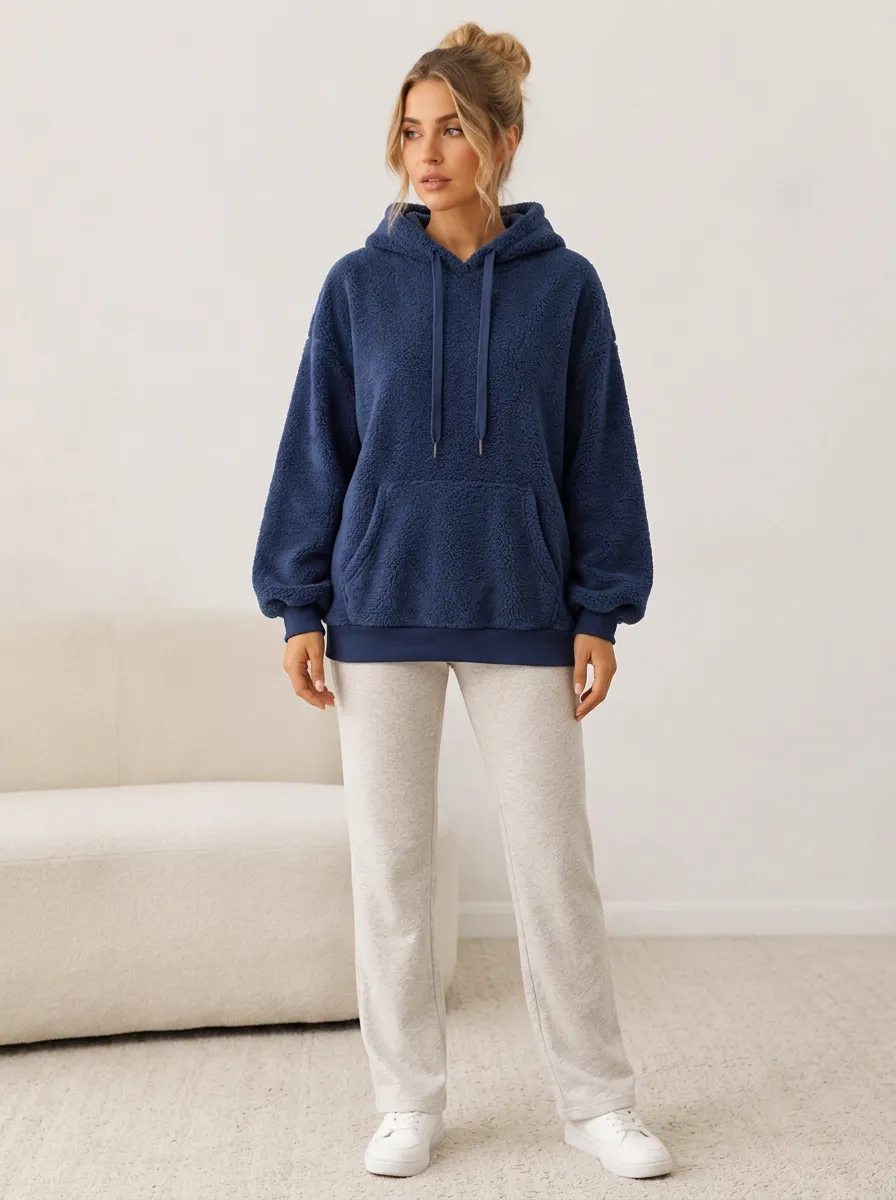 Women's Casual Winter Navy Blue Sherpa Fleece Pullover Hoodie