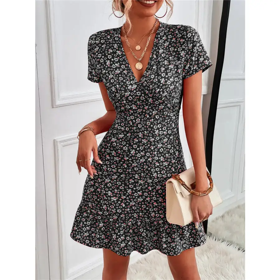 Ruffled Hem V-Neck Short Sleeve Mini Dress
