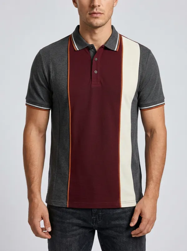Men's Knit Ribbed Striped Colorblock Contrast-Piping Polo Shirt