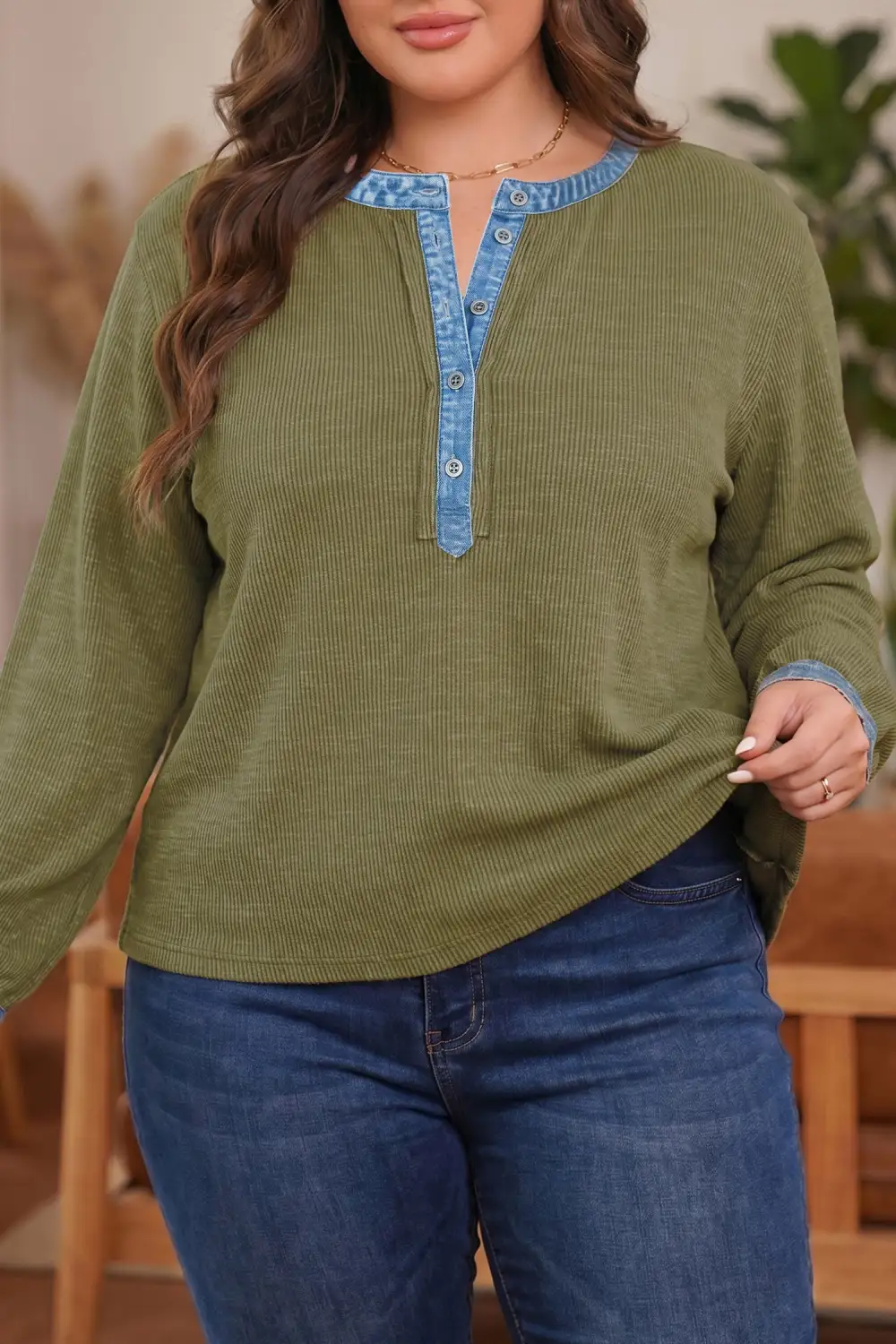 Color Block V Neck Ribbed Relaxed Cotton Blend Long Sleeve Top